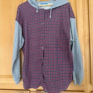 Women’s Hooded Button-Down Shirt in Red Plaid and Gray